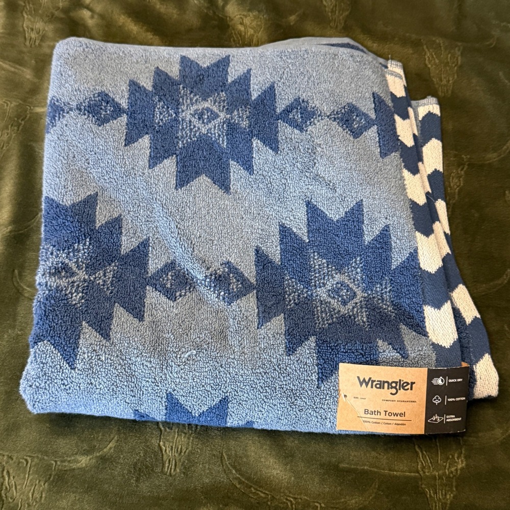 Wrangler Bath Towel Unisex OS Clayton Blue NWT Western Geometric Cotton